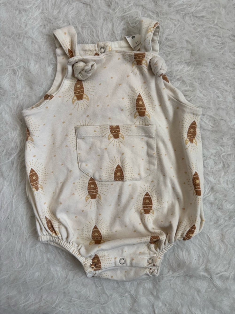 kate quinn Neutral Cream Bubble Romper with Brown Rocket AOP